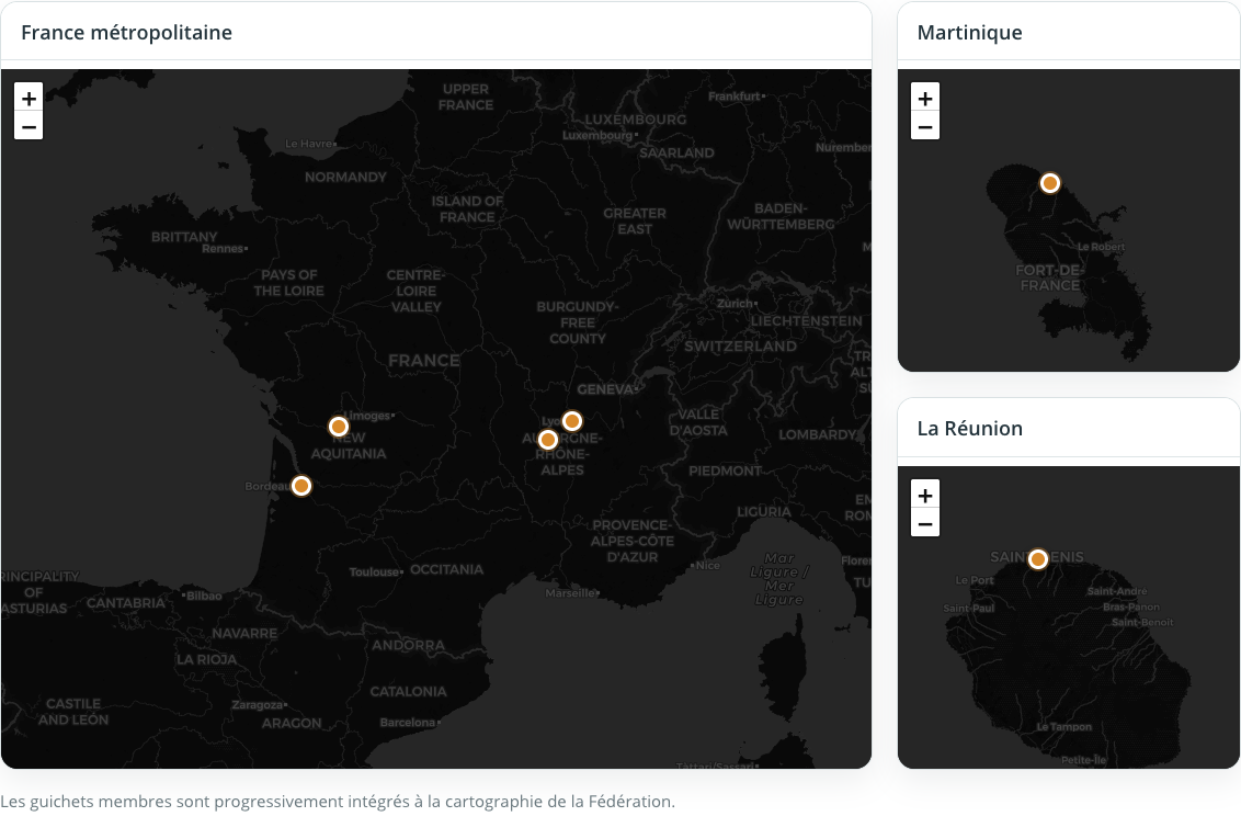 Carte des guichets départementaux engagés issue de la FFGDA